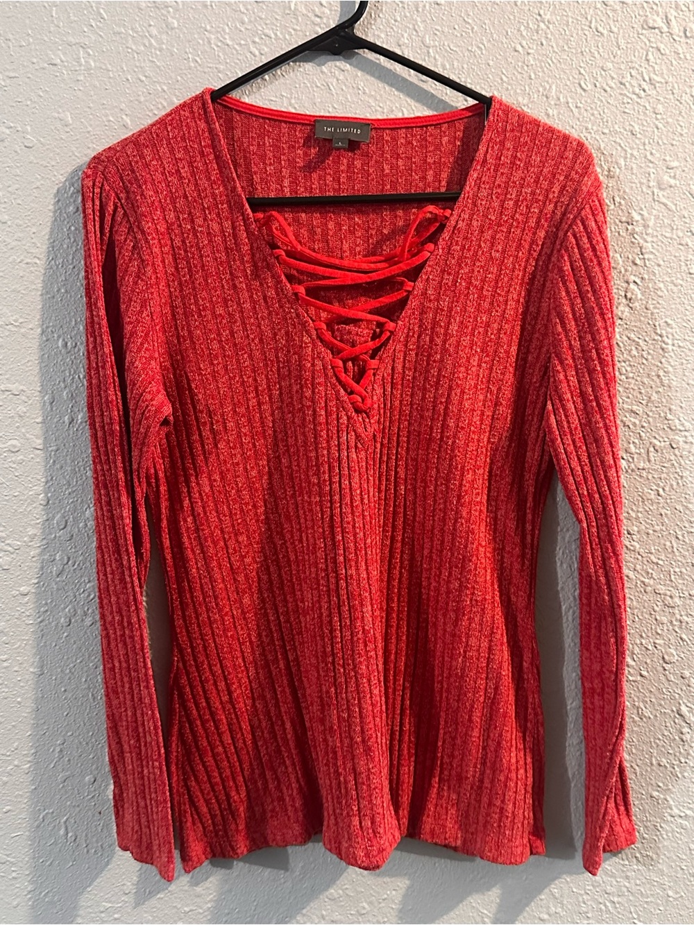 The Limited Red Ribbed Lace-Up Long Sleeve Top
